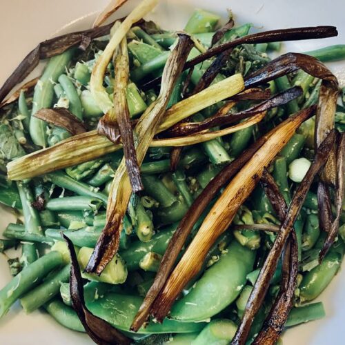 Green vegetable with scape, sage, oregano, lemon, serrano