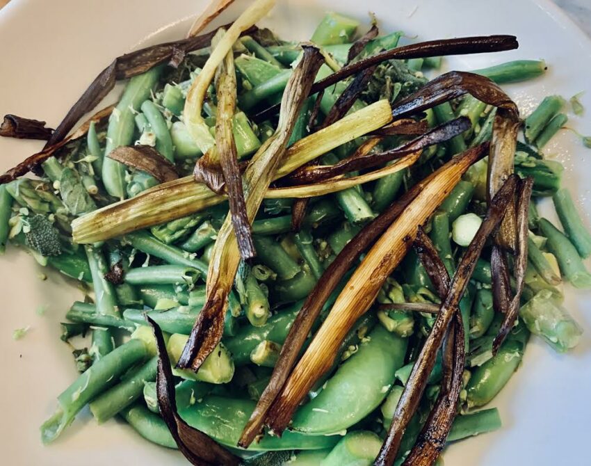 Green vegetable with scape, sage, oregano, lemon, serrano