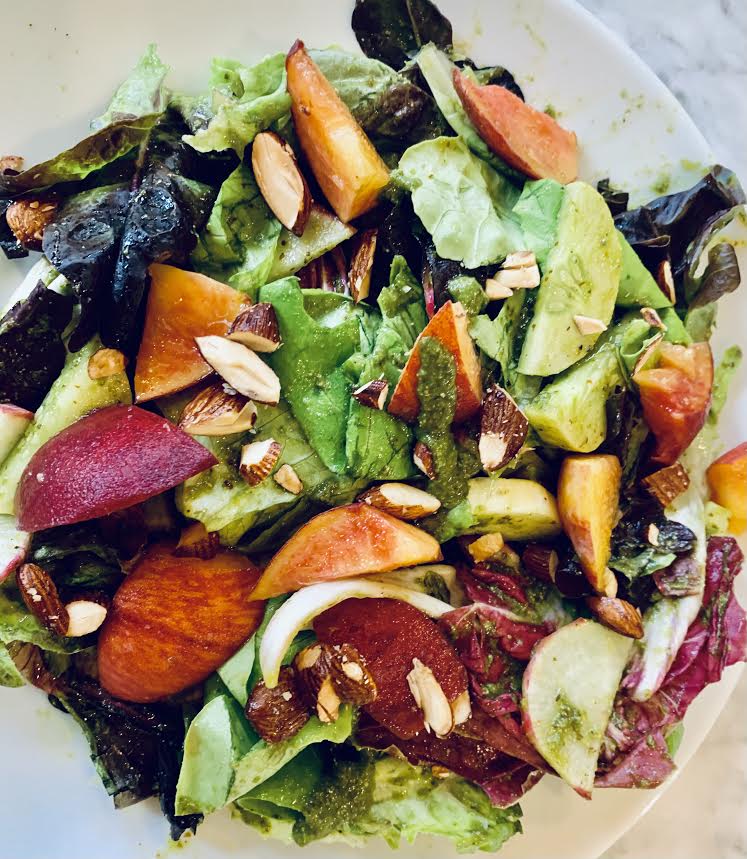 Peach Basil Miso Almond Salad