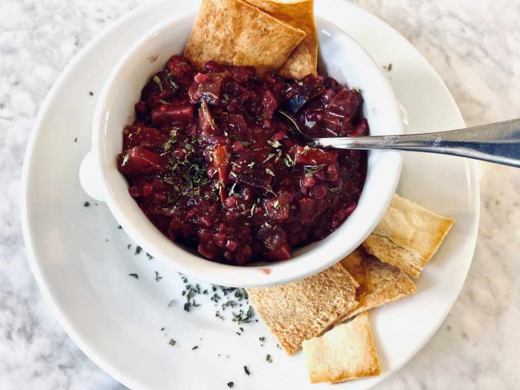 Purple pasta soup