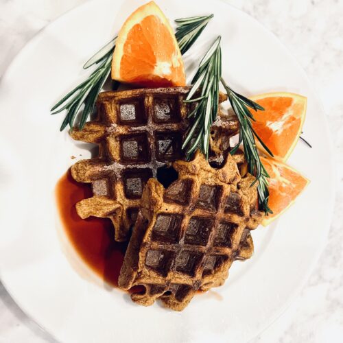 Sweet Potato Waffles with Rosemary Date Syrup