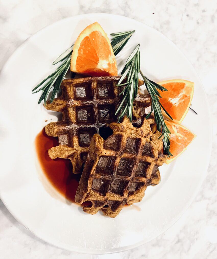 Sweet Potato Waffles with Rosemary Date Syrup